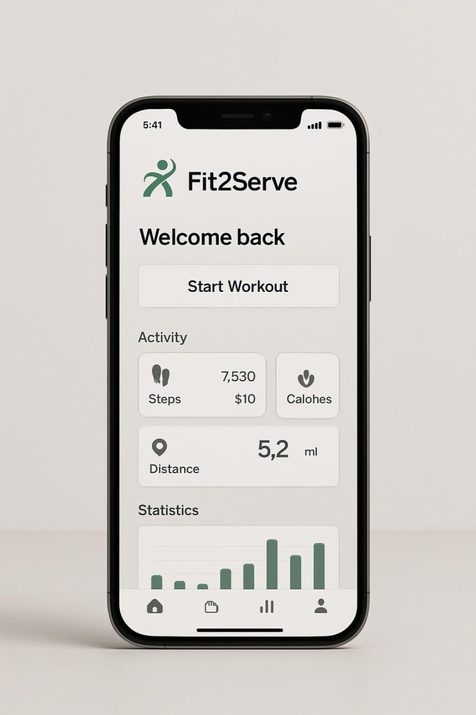 A realistic smartphone displaying the Fit2Serve app interface, shown in a clean, modern style, with a neutral background, suitable for a hero section phone mockup