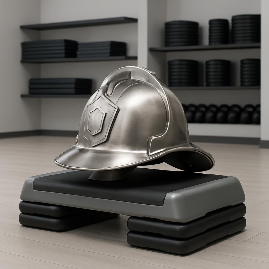 A fireman's metal or silver helmet sits atop a pair of gray and black step platforms, situated on a light-colored wood flo...