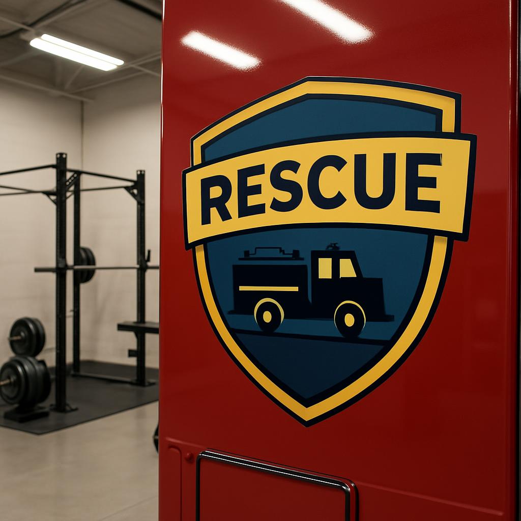 A red rescue vehicle in a gym, featuring a yellow and blue logo.