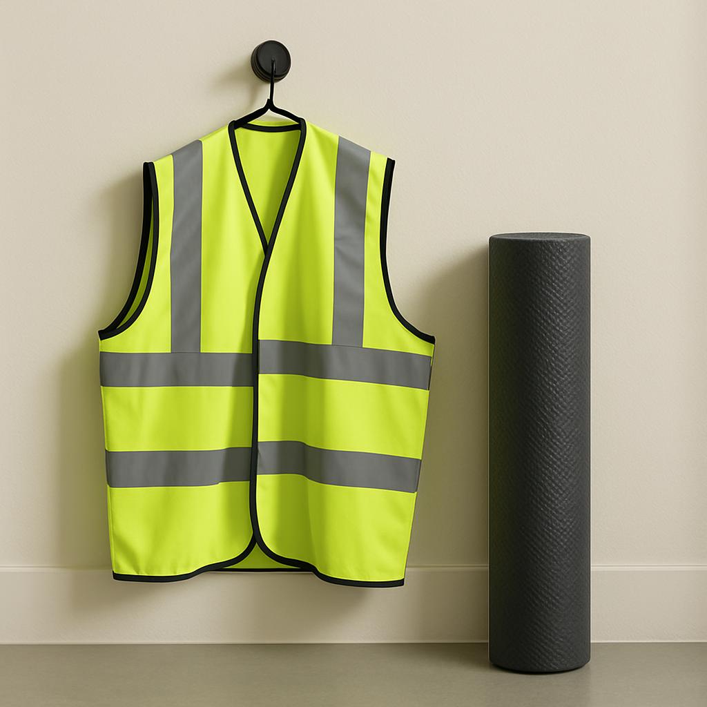 A yellow and grey safety vest hangs from a black hook on a white wall, next to a black yoga mat.