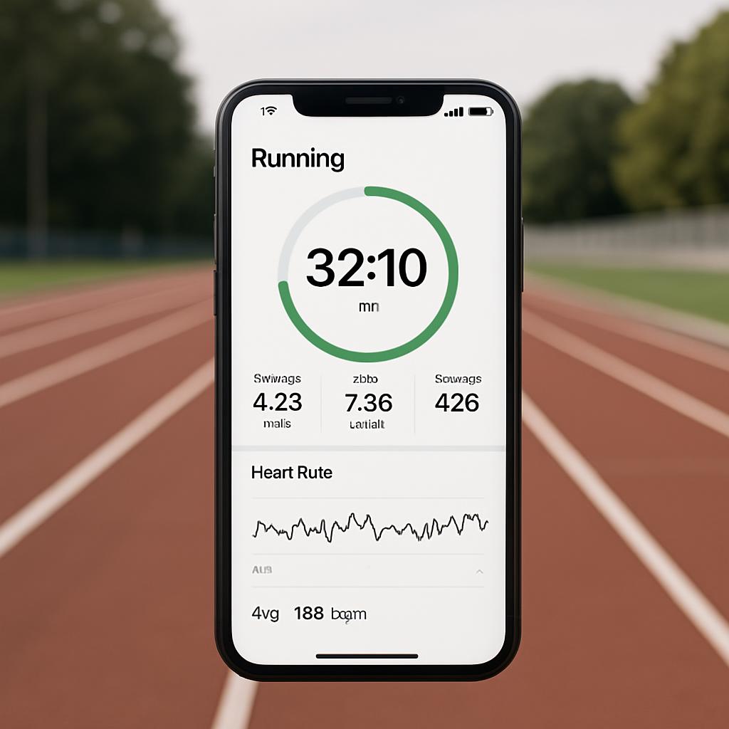 Smartphone screen in front of a running track, displaying running tracking app. The app has a circular image for time and ...