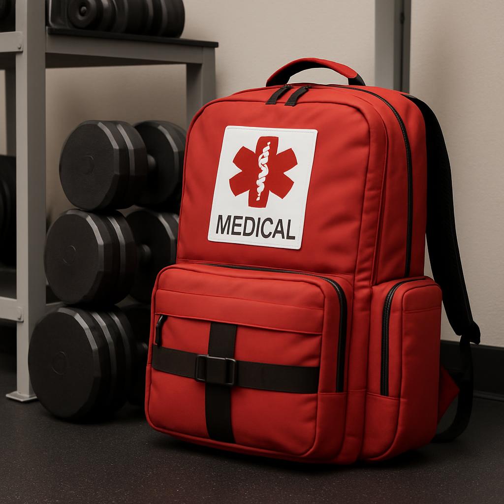 The image shows a medical backpack with a red bag and white sign and black zippers and straps. The medical bag is prominen...