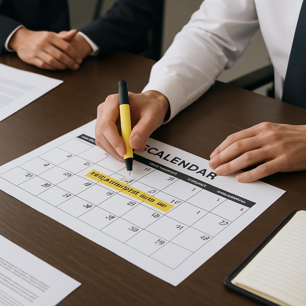 A man in a white shirt, black tie, and dark colored suit sleeve is sitting at a brown table. Next to him, on the brown tab...