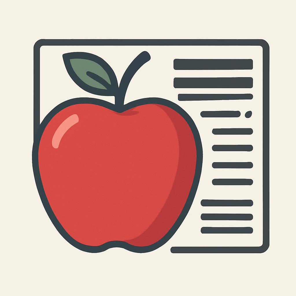 An illustration of a red apple with a green leaf.